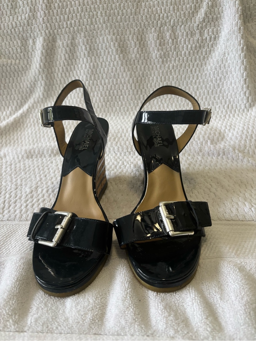 Michael Kors Navy Blue Patent Leather Buckle Wedge Sandals with Ankle Strap